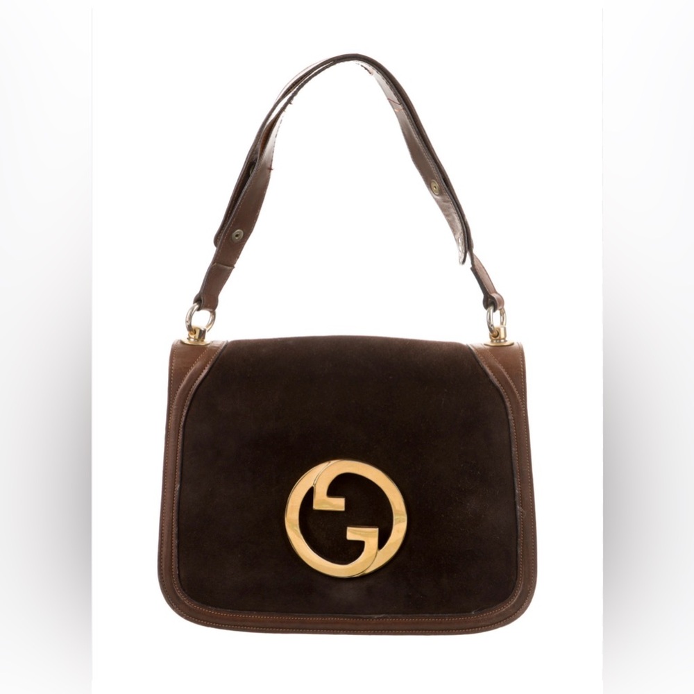 Vintage 80s Gucci Blonde Brown Suede Shoulder Bag with Gold Logo